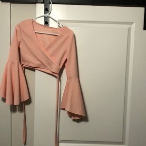 Shein Light Pink wrap crop top-Long Sleeves -Small